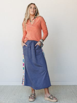 The Nest Love Seeker Crochet Panel Maxi Skirt - Heather Navy XL / Heather Navy