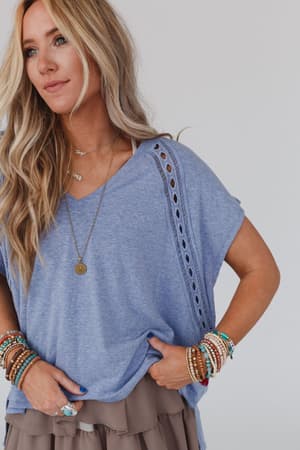 The Nest Camden Lace V Neck Top: Denim