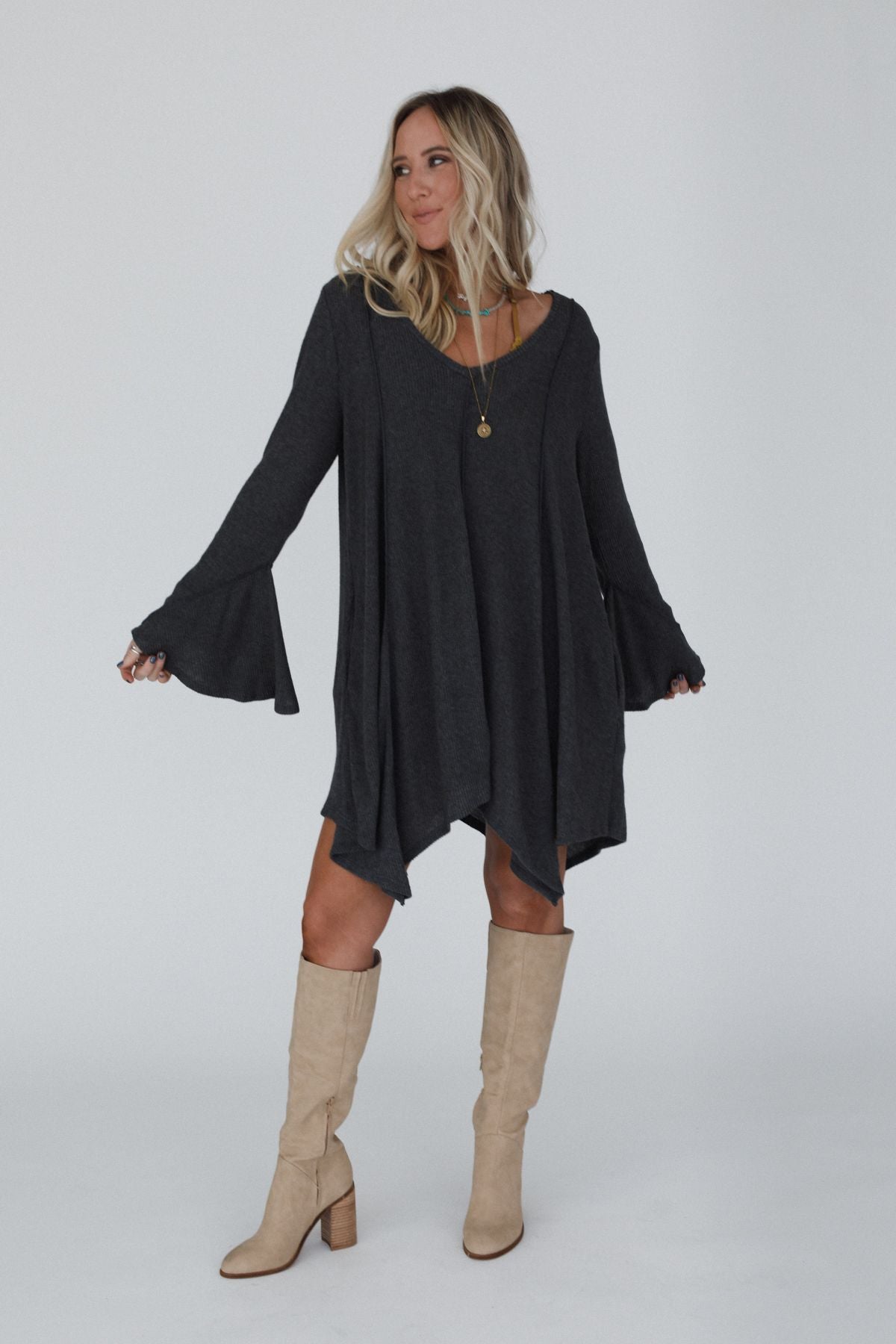 The Nest Golden Hour Long Bell Sleeve Tunic Dress - Charcoal