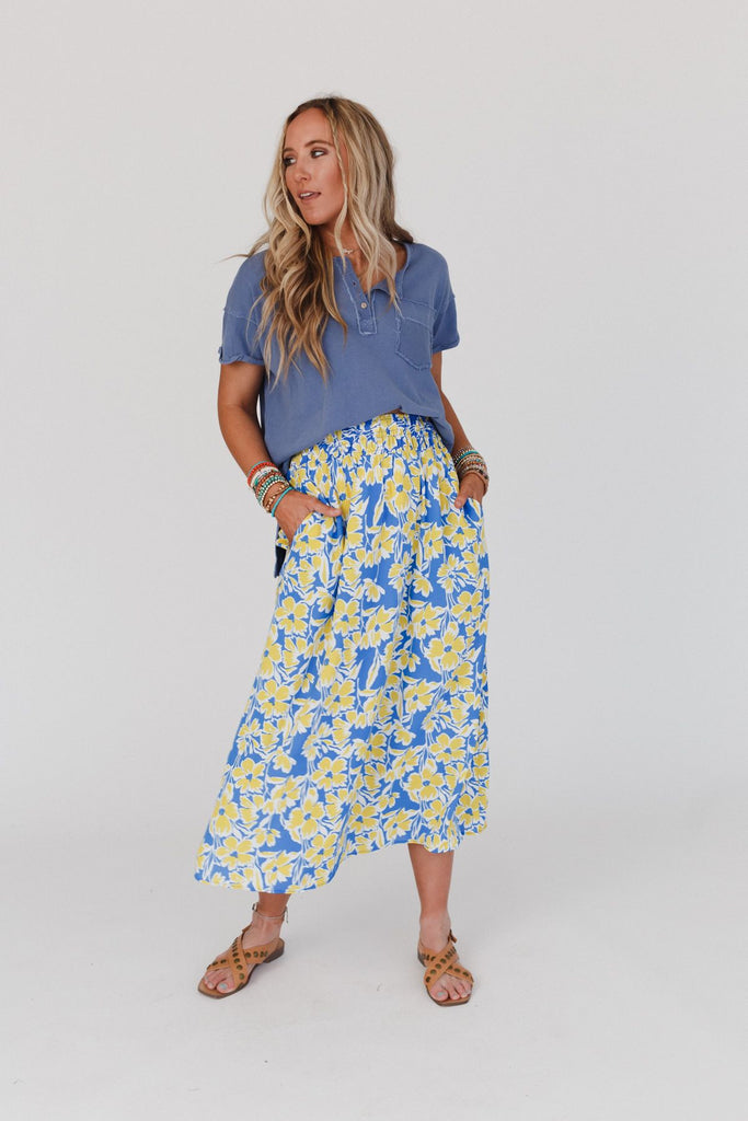 Young And Free Smocked Midi Skirt - Blue