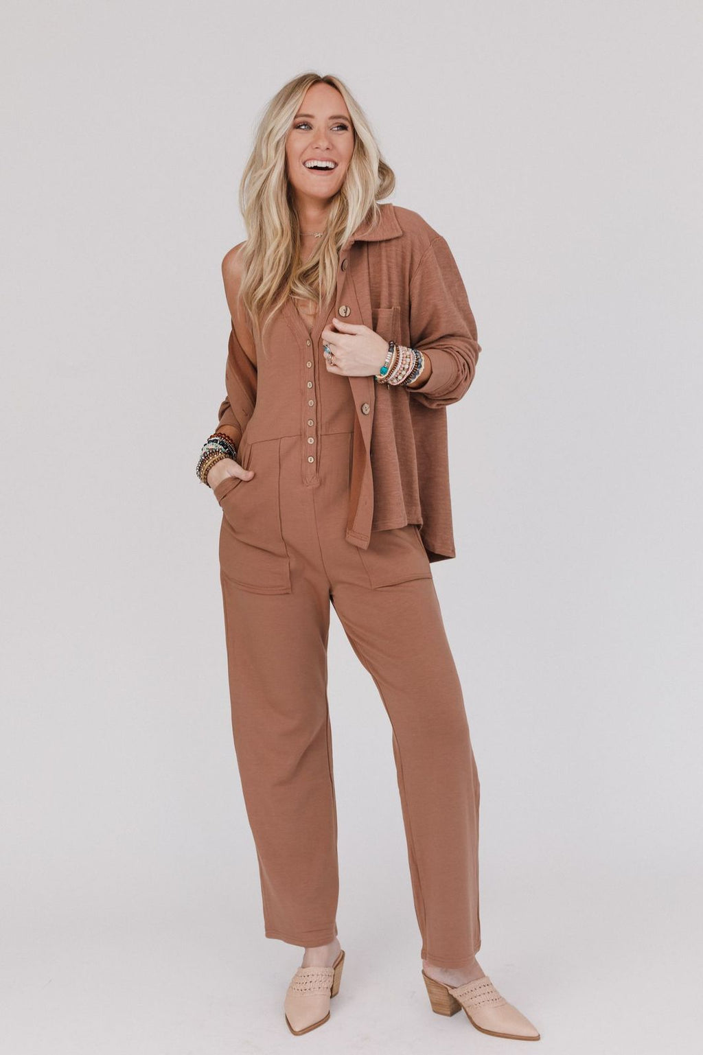 Chic Adventure Jumpsuit And Button Up Top Set - Brown