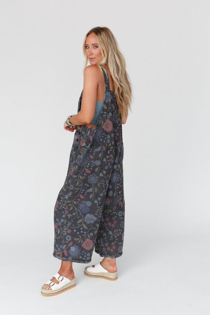 High Hopes Slouchy Denim Overalls - Floral Black Denim