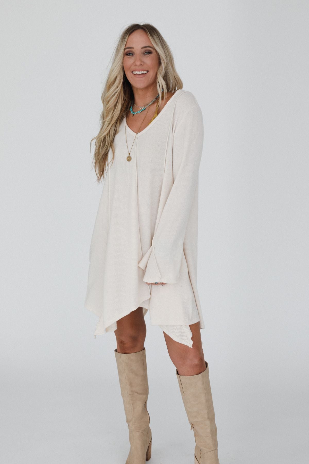 The Nest Golden Hour Long Bell Sleeve Tunic Dress - Cream