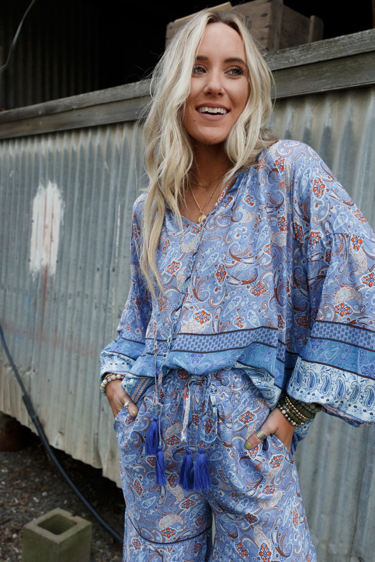 The Nest Lani Border Print Top - Blue Border Print