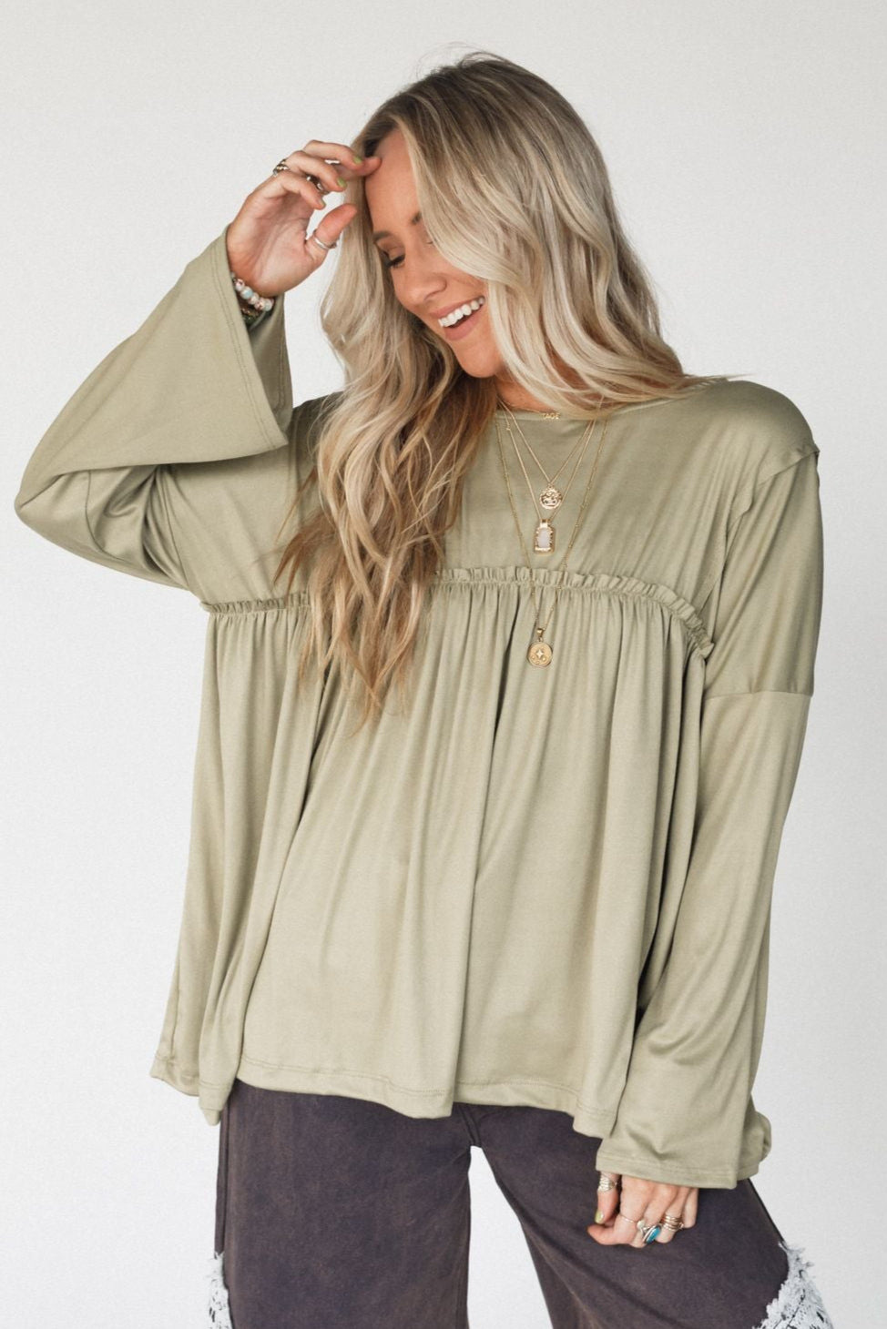 The Nest Solid Serenity Long Sleeve Babydoll Top - Olive