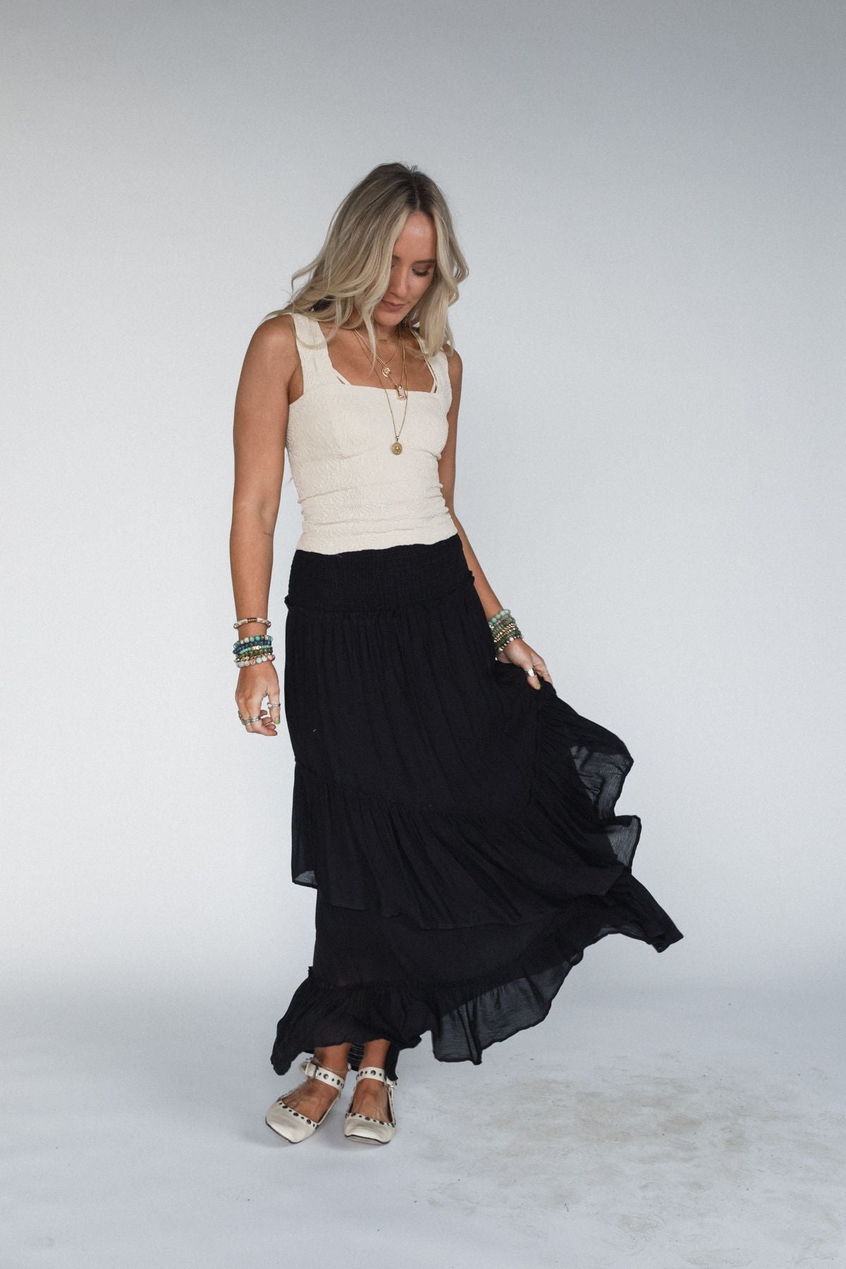 Washed Ashore Ruffled Maxi Skirt - Black