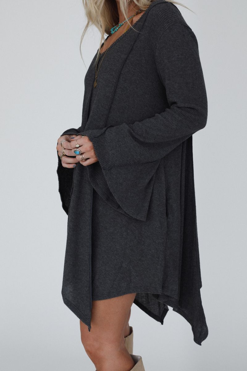 The Nest Golden Hour Long Bell Sleeve Tunic Dress - Charcoal