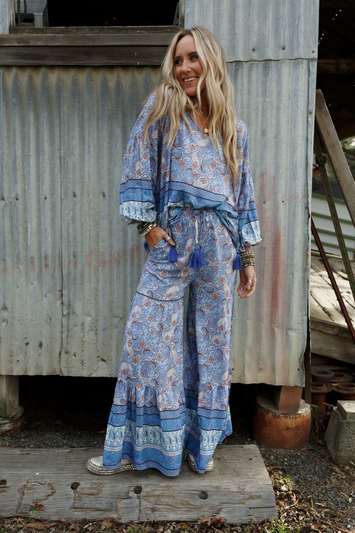 The Nest Lani Wide Leg Pants - Blue Border Print