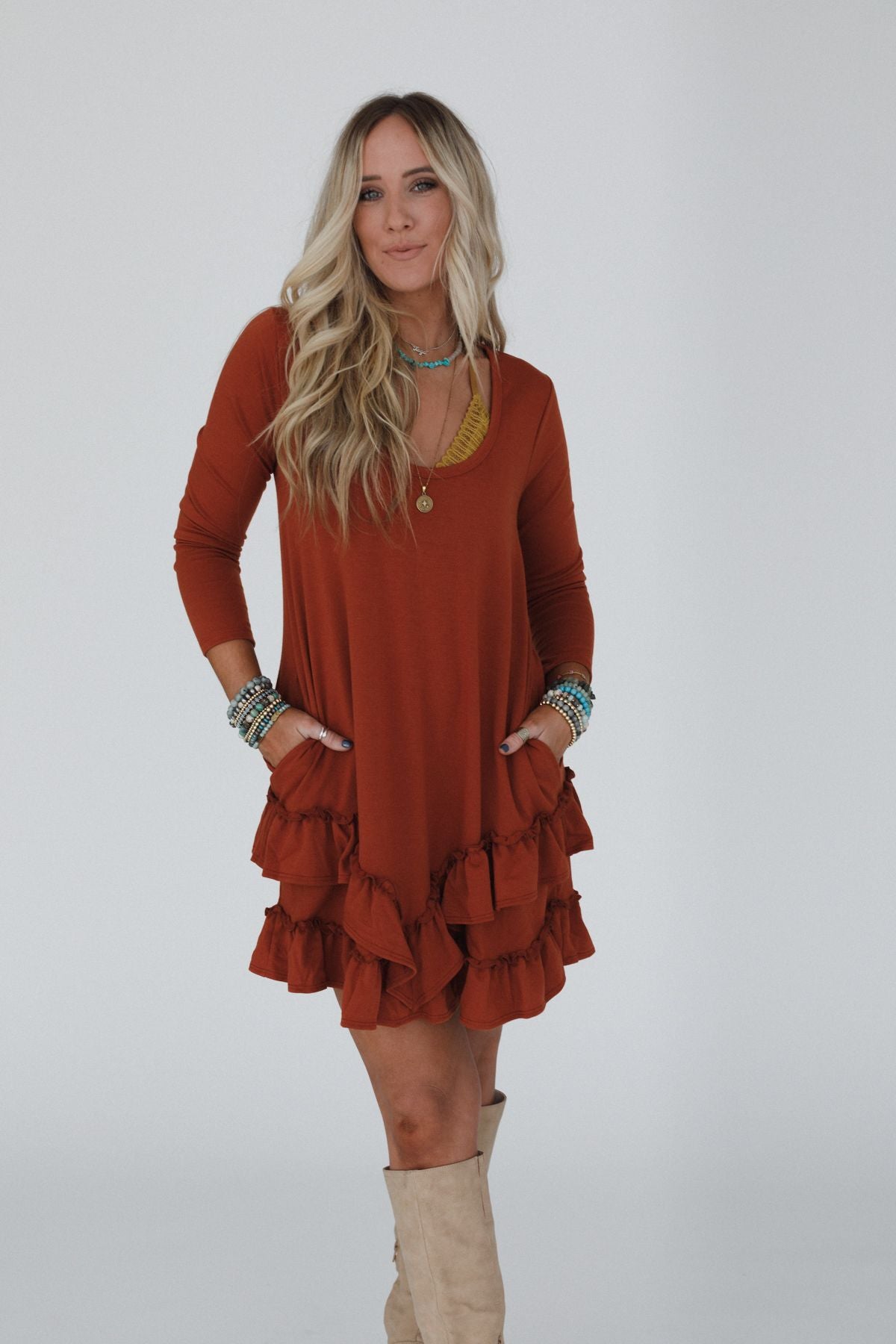 The Nest Constance Ruffle Hem Long Sleeve Dress - Metal Rust