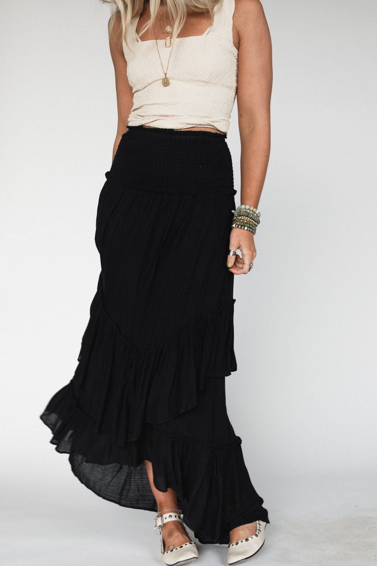 Washed Ashore Ruffled Maxi Skirt - Black