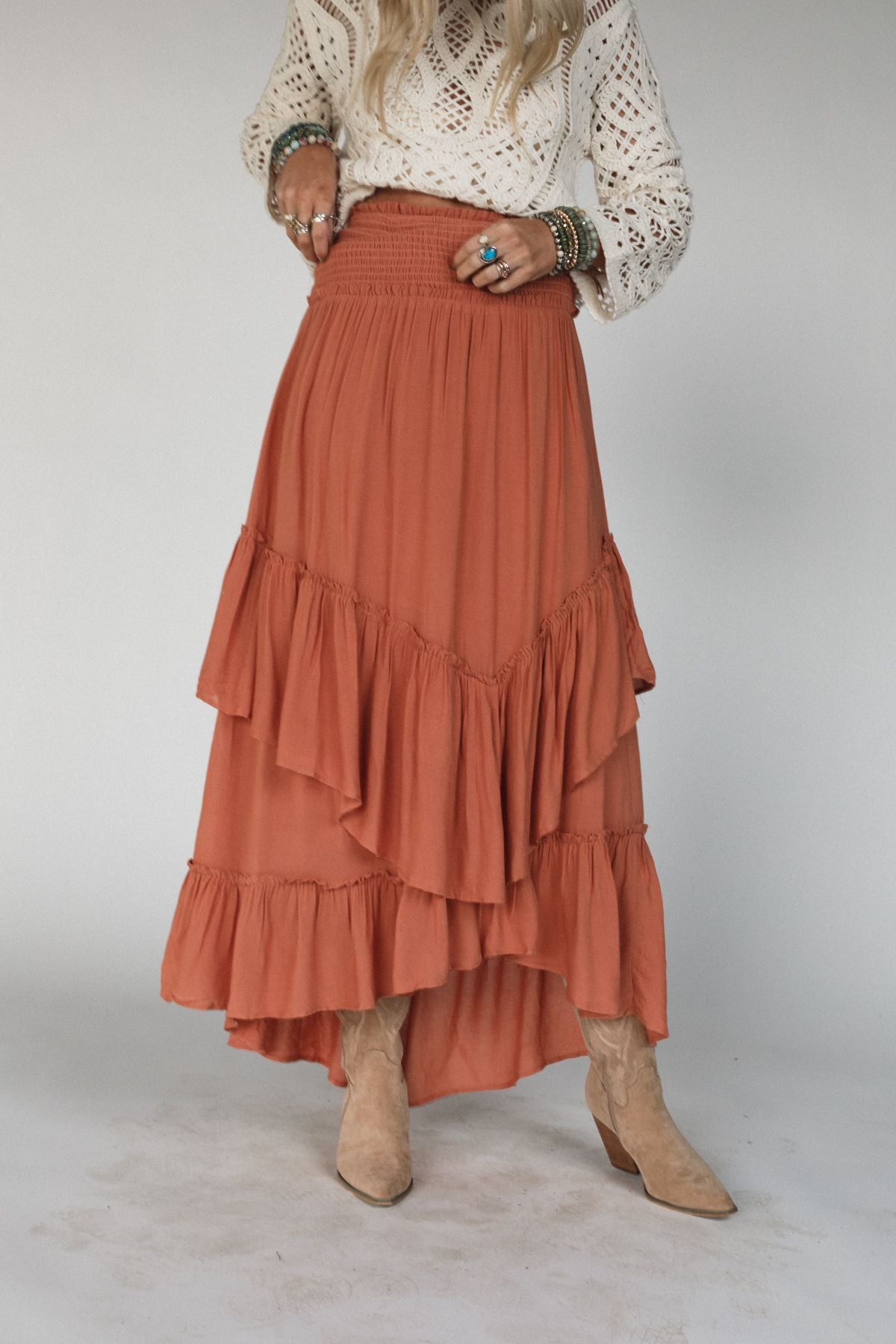 Washed Ashore Ruffled Maxi Skirt - Brick