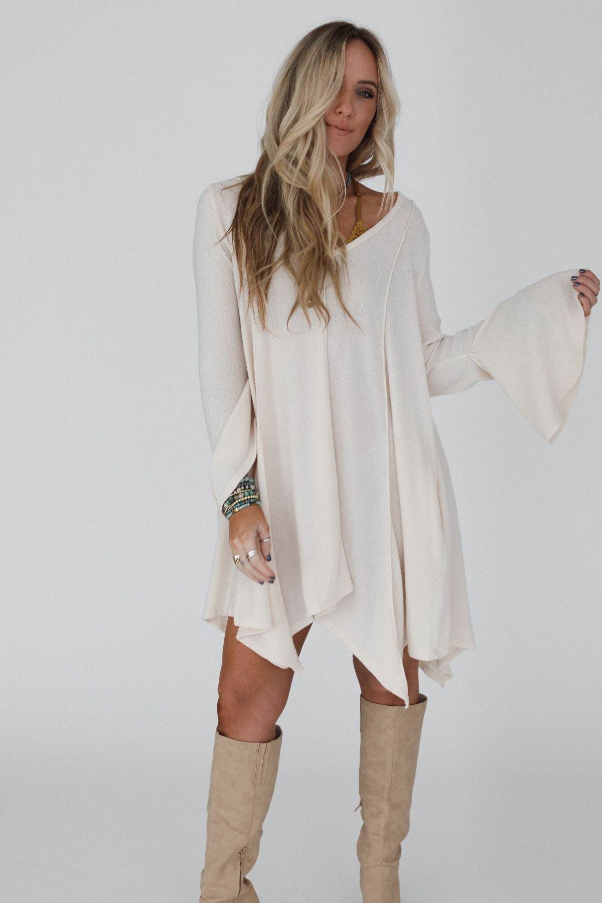 The Nest Golden Hour Long Bell Sleeve Tunic Dress - Cream