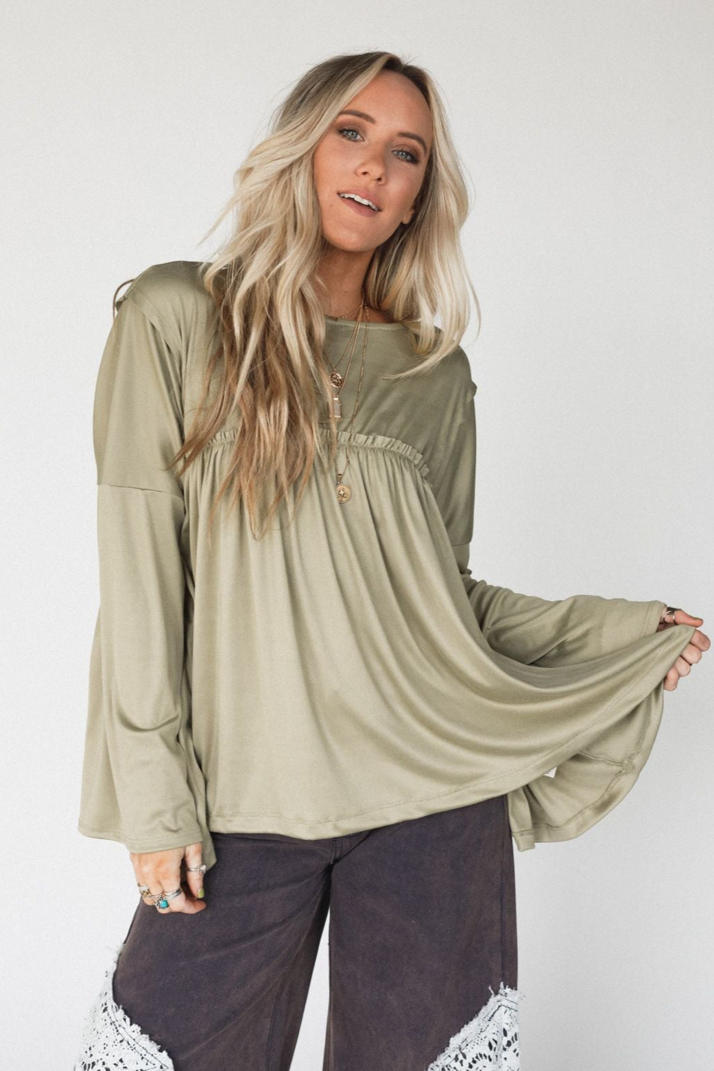 The Nest Solid Serenity Long Sleeve Babydoll Top - Olive