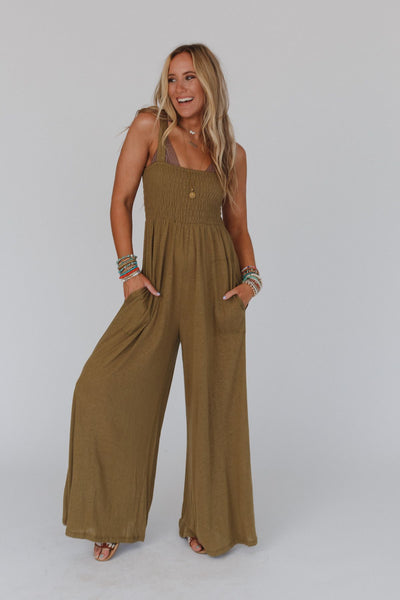 Gemma Smocked Jumpsuit - Olive