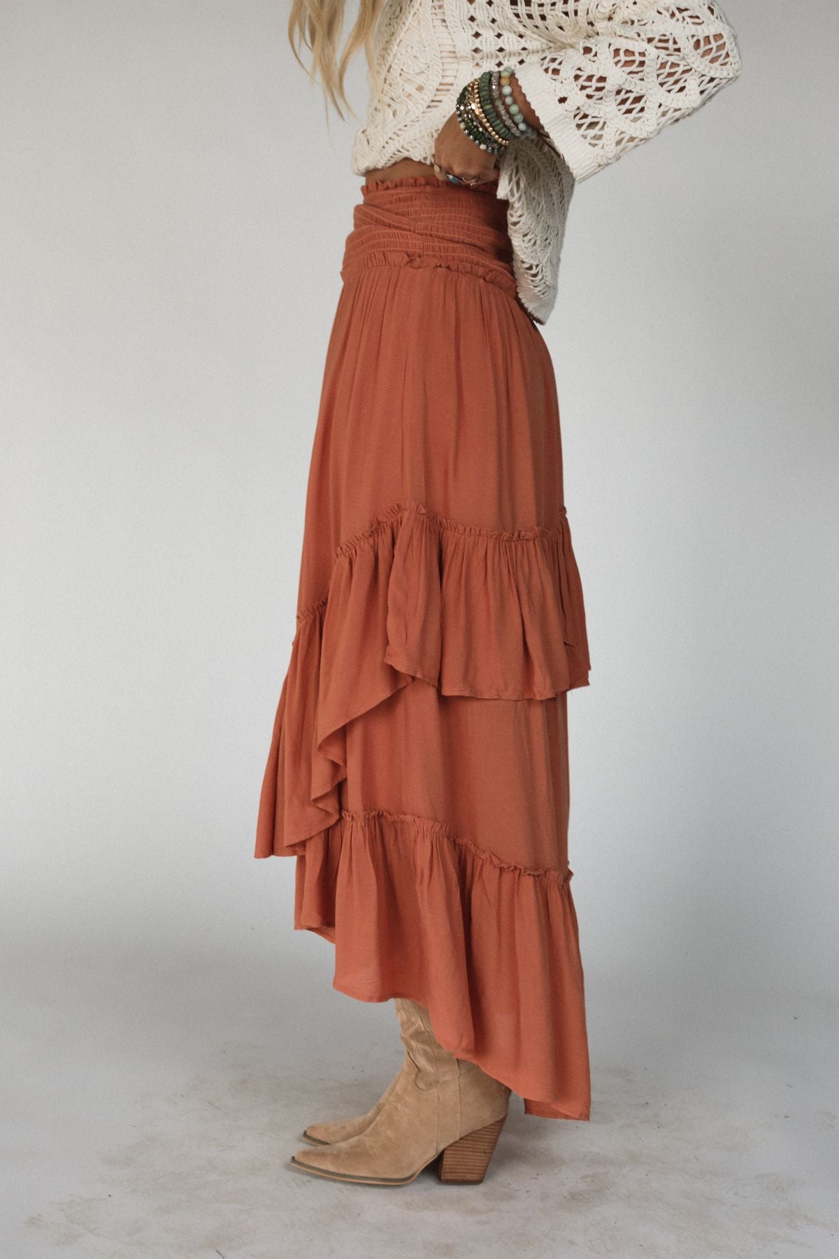 Washed Ashore Ruffled Maxi Skirt - Brick