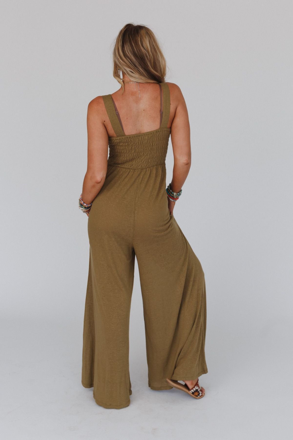 Gemma Smocked Jumpsuit - Olive