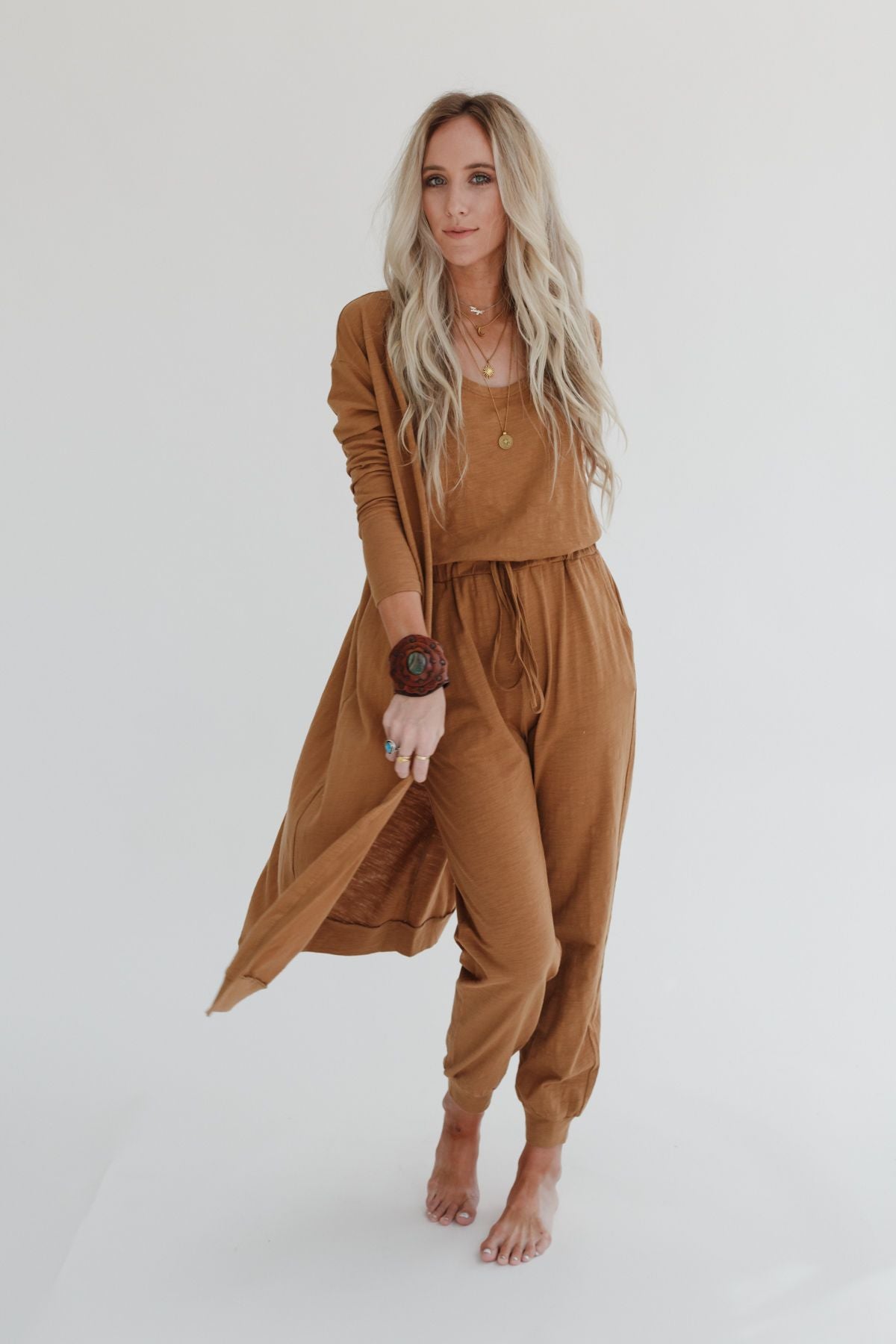 3BN Set to Go Textured Jumpsuit And Cardigan Set - Camel  |  Dresses  - Three Bird Nest