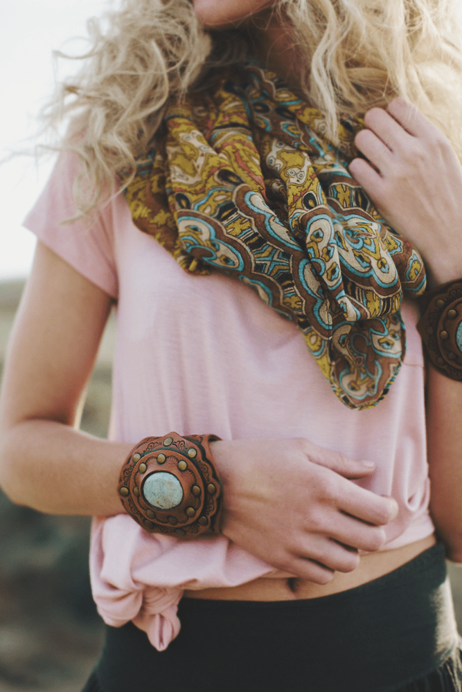 Aegean Boho Leather Cuff Bracelet - Turquoise  - Three Bird Nest