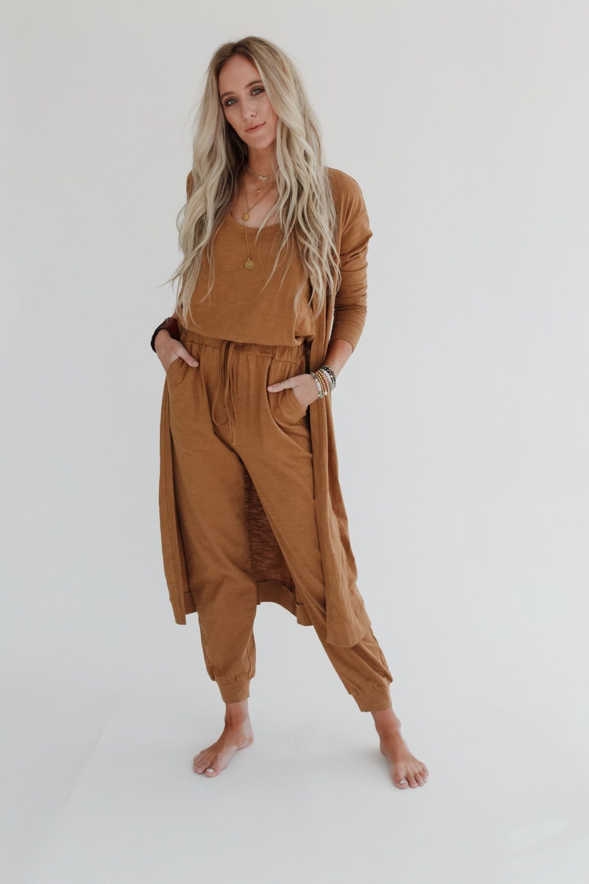 3BN Set to Go Textured Jumpsuit And Cardigan Set - Camel  |  Dresses  - Three Bird Nest