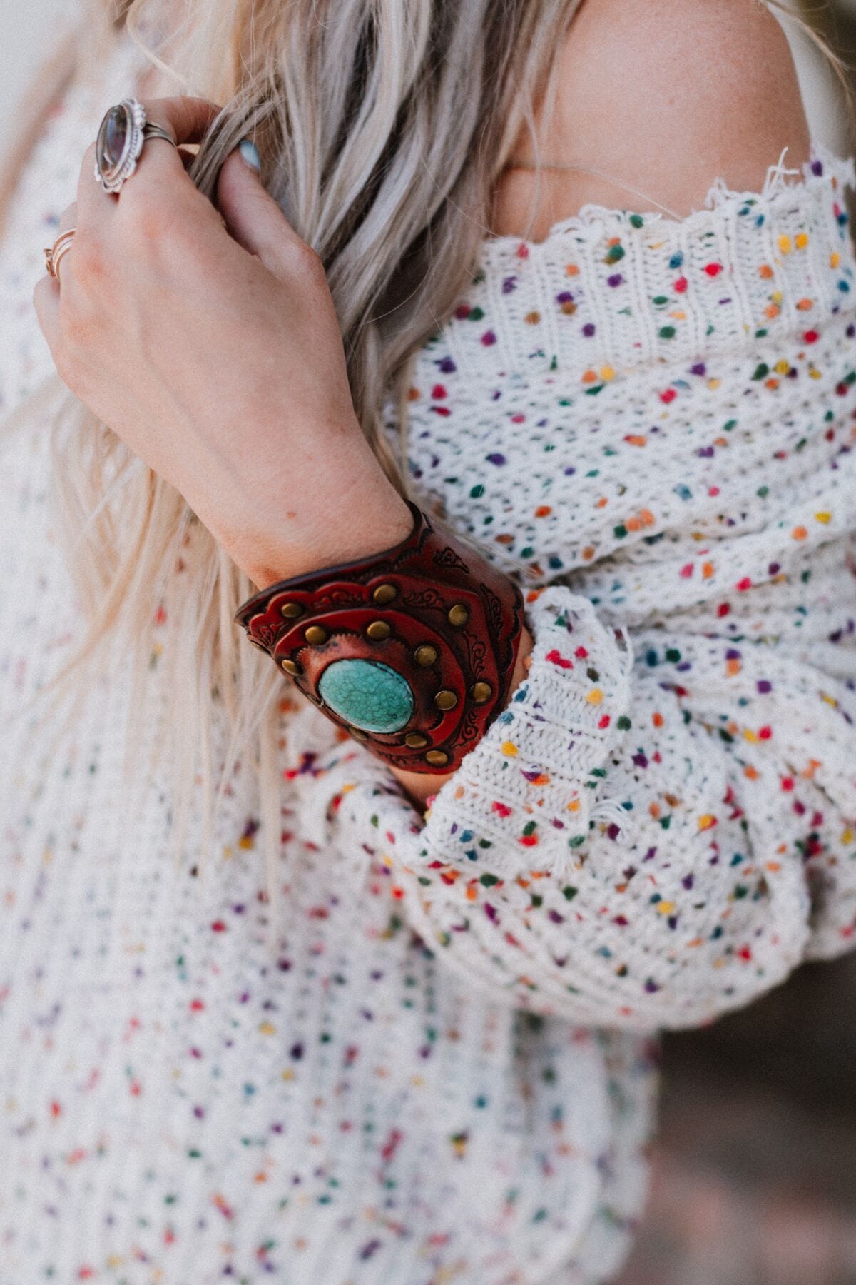 Aegean Boho Leather Cuff Bracelet - Turquoise  - Three Bird Nest