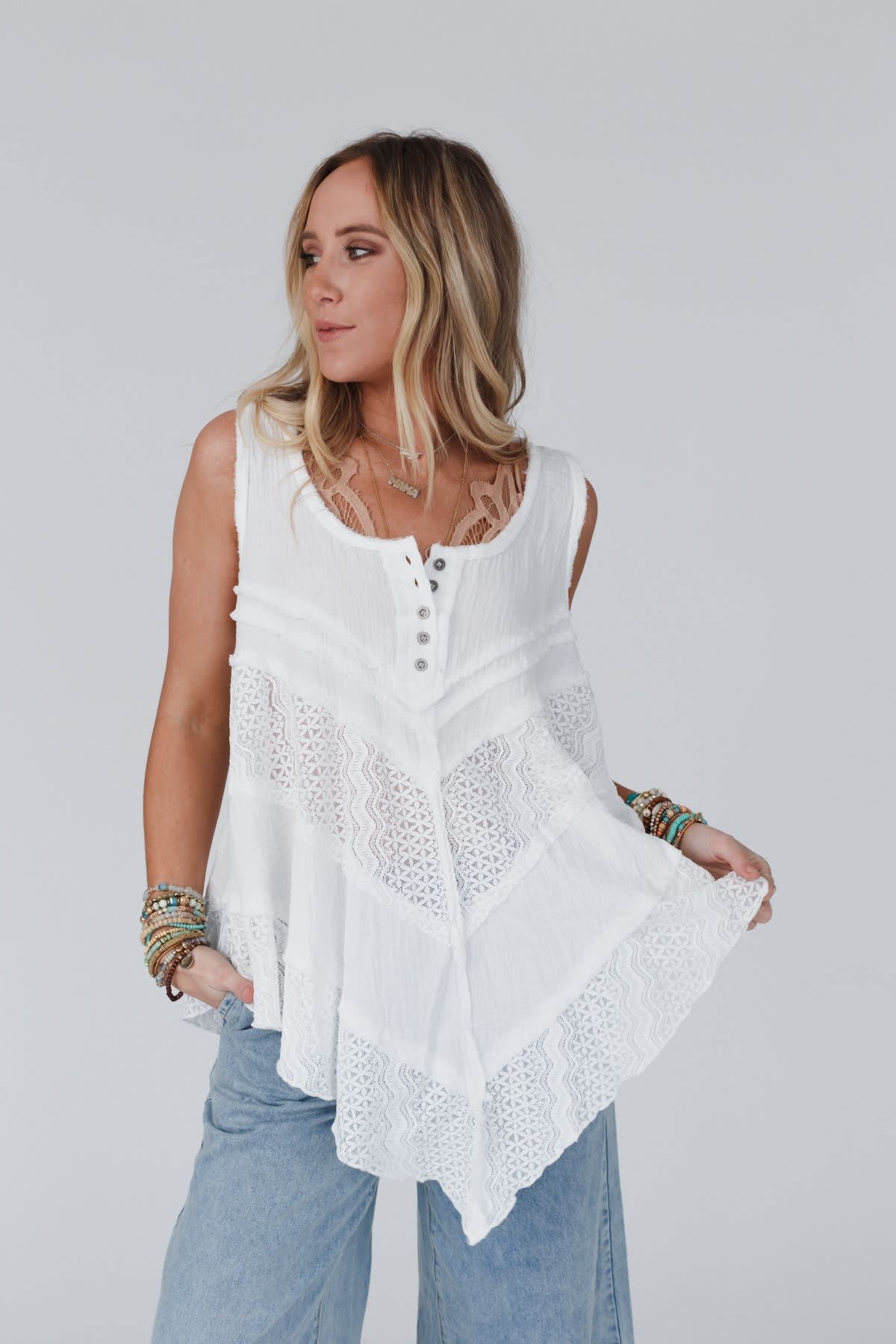 Free People Easy Breezy Jersey Lace Back Tee Ivory
