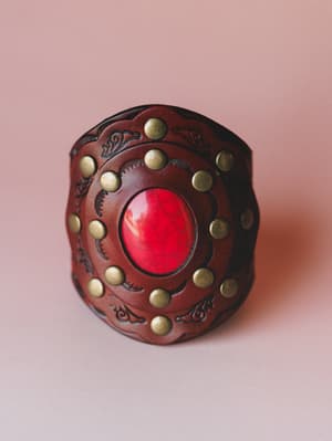 Aegean Boho Leather Cuff Bracelet: aegean-boho-leather-cuff-bracelet-red-1/Red