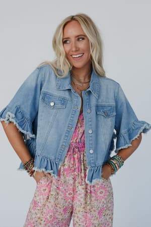 Scottie Ruffle Denim Jacket in Light Denim from Three Bird Nest