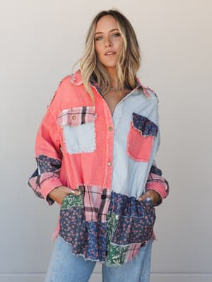 Flower Mountains Button Down Top: flower-mountains-button-down-top-coral-multi/Coral Multi