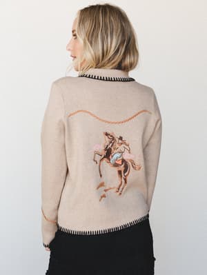 Yee Haw Embroidered Cardigan: Beige