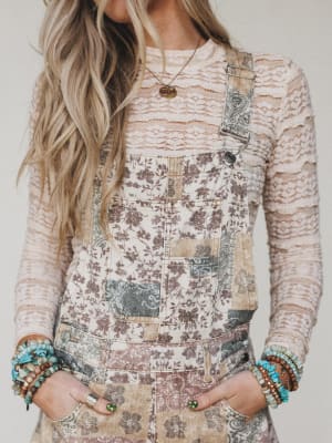 Vintage Boho Denim Overalls - Taupe Multi XL / Taupe Multi