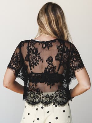 A back-facing model in a sheer black lace crop top with floral panels and scalloped hem edges, paired with cream polka dot pants — romantic and a little unexpected.