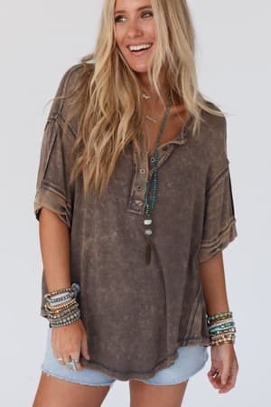 Time Flies Round Hem Top: Gray Brown