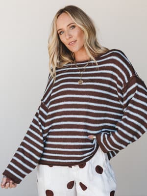 All My Stripes Oversized Sweater: all-my-stripes-oversized-sweater-choco-blue/Chocolate