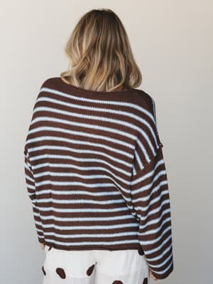 Shot from the back, a model wears a relaxed, oversized knit sweater in chocolate brown and baby blue stripes paired with white polka dot wide-leg pants — the kind of cozy, expressive combo that feels effortlessly collected.
