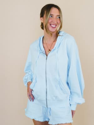 Pearl Ruffle Zip Up Hoodie - Light Blue M / Light Blue
