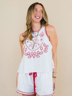 Dreaming of Islands Embroidered Top - Off White Red M / Off White Red