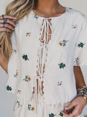 Fleur Amore Embroidered Tie Front Top: undefined