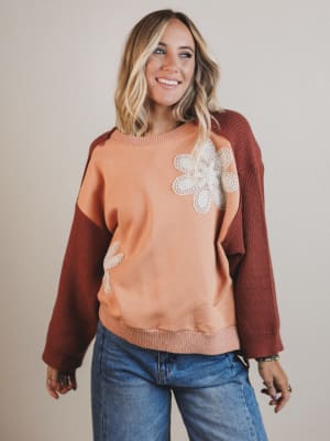 Floral Stitch Color Block Top: undefined