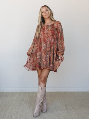 Foxy Feeling Printed Dress: Rust Multi