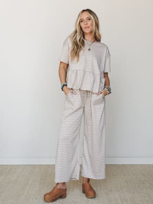 The Nest Simple Moments Gingham Pant Set: the-nest-simple-moments-gingham-pant-set-sand/Sand