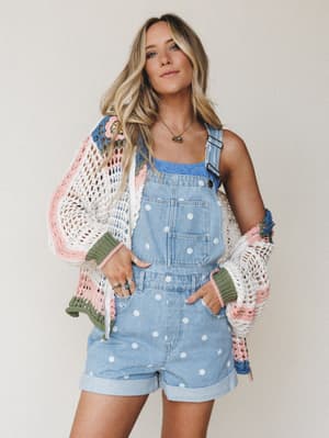 A sun-kissed layered look featuring polka dot denim shortalls over a blue lace cami, topped with an open-knit crochet cardigan in cream, pink, sage, and blue — the kind of outfit that makes a Tuesday feel like the first day of summer.