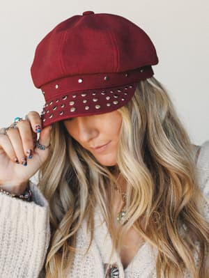 Studded Newsboy Hat: studded-newsboy-hat-burgundy/Burgundy