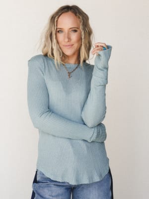 The Nest Jacqueline Waffle Long Sleeve Top - Dusty Blue S / Dusty Blue