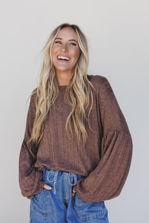 The Nest Sweet Heart Balloon Sleeve Knit Sweater: sweet-heart-balloon-sleeve-knit-sweater-choco/Choco