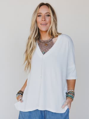 The Nest On The Go V Neck Ribbed Essential Tee: on-the-go-v-neck-ribbed-essential-tee-off-white/Off White