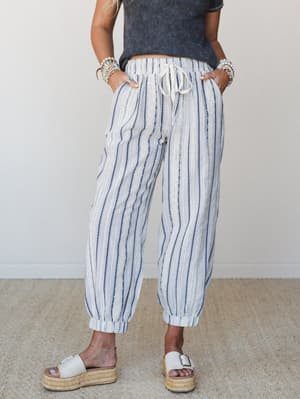 Sunset Palm Striped Pants: Oatmeal