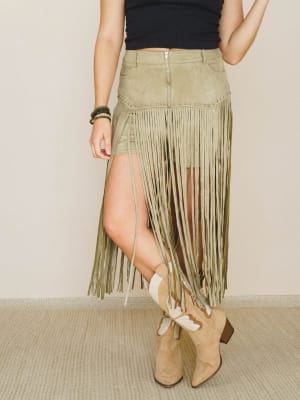 Here for a Good Time Fringe Skirt - Light Olive M / Light Olive