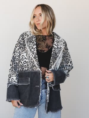 Off The Clock Denim Blazer: Leopard Taupe