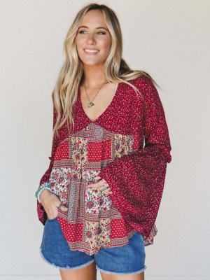 The Nest Brea Mixed Print Top - Burgundy XL / Burgundy