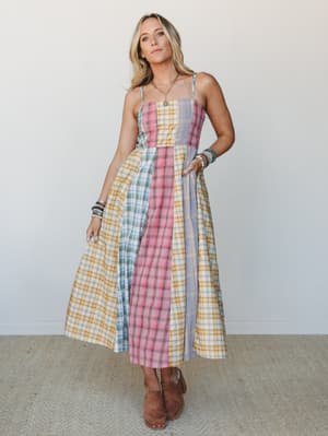 Western Charm Checkered Dress: western-charm-checkered-dress-yellow-plaid/Yellow
